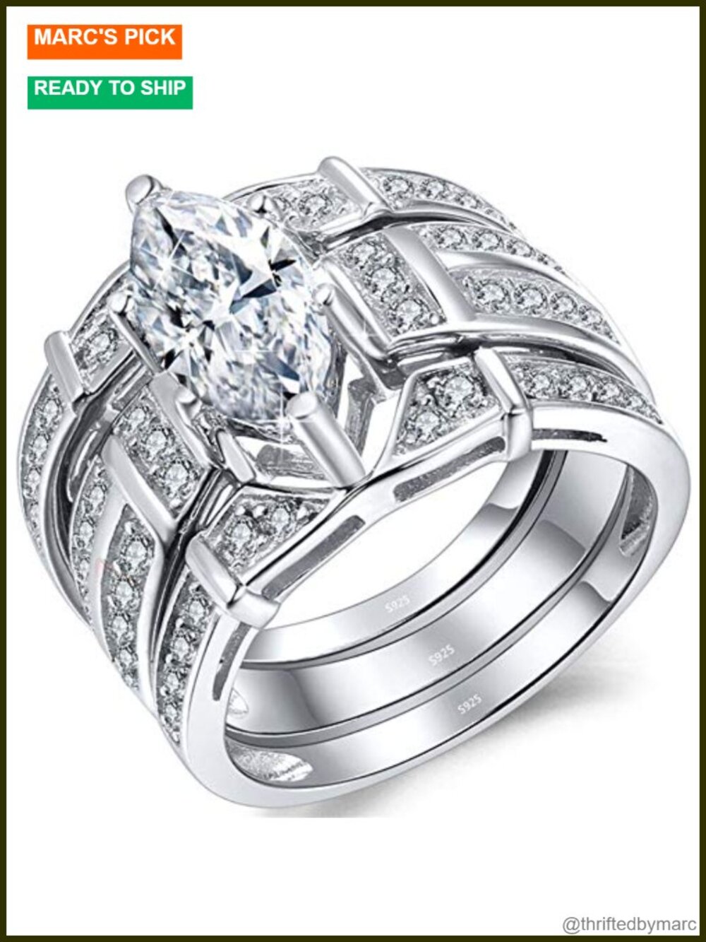 Sterling Silver CZ Marquise Wedding Ring Set Bridal Anniversary